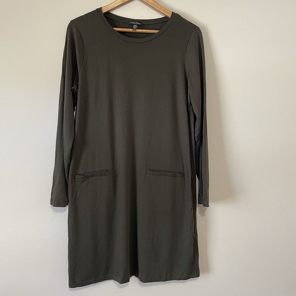 Eileen Fisher Tunic Shirt Dress M Olive Green Tencel Capsule Luxury Classic